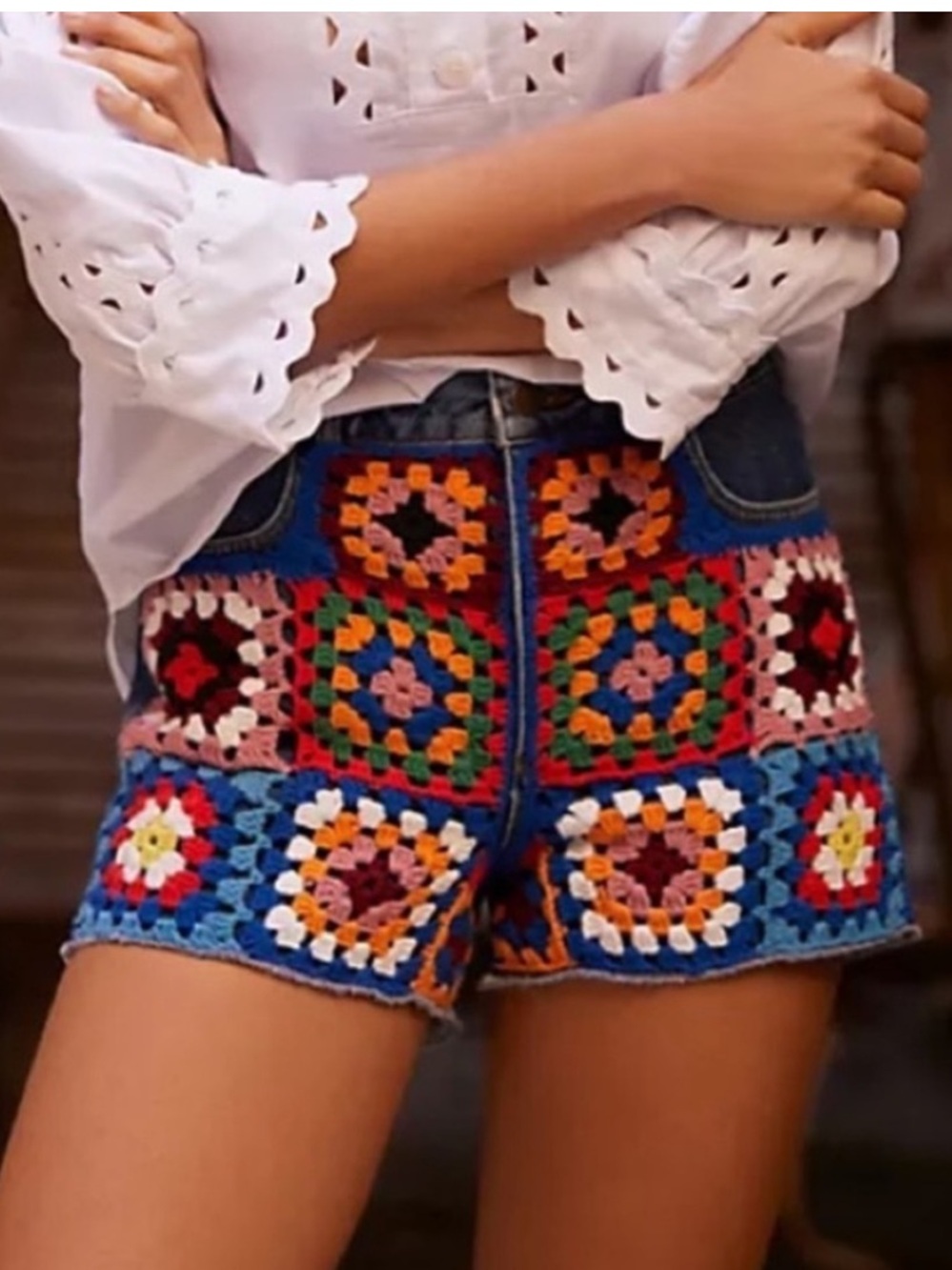 Anthropologie Farm Rio Granny Square Denim Shorts